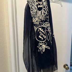 Mii Dark Blue Silk Scarf with Cream Embroidery